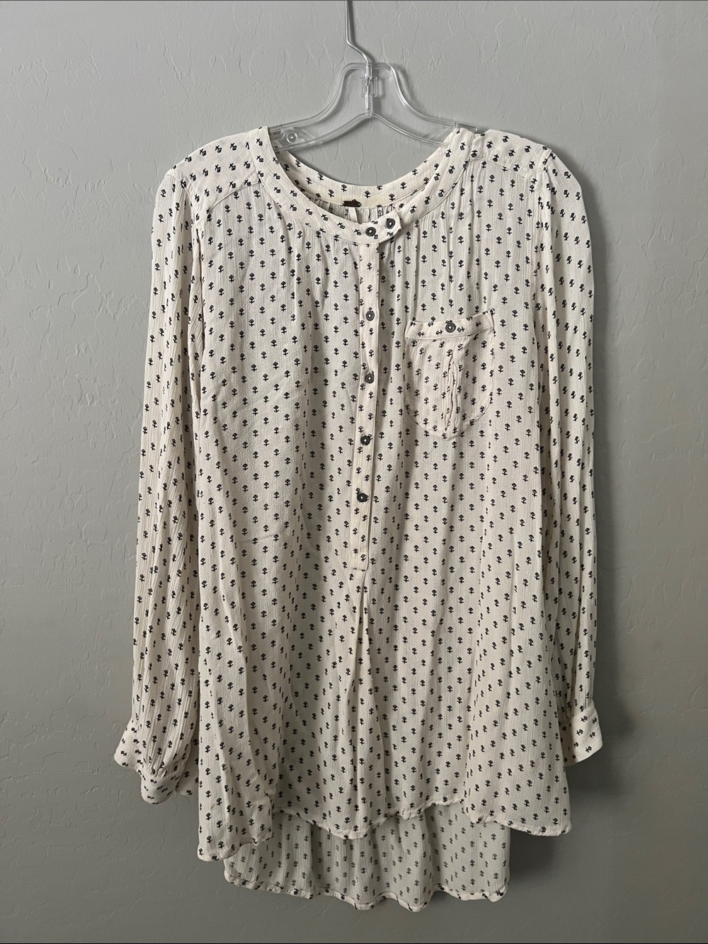 Free People Cream Button-Front Blouse with Black Micro Print